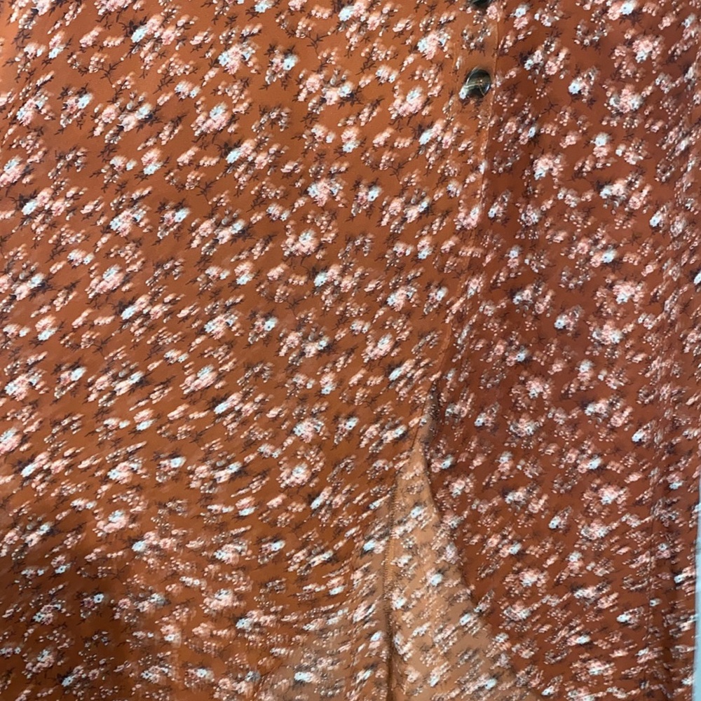 Long, burnt Orange/brick colored dress with flowers. Tortoise shell buttons. - Picture 5 of 5